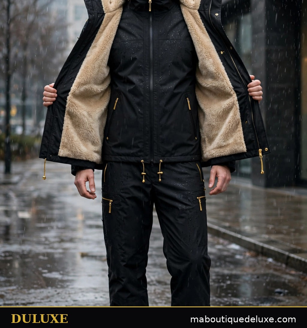 Ensemble imperméable doublé polaire pour homme DULUXE — intérieur de la veste ouvert montrant la doublure polaire chaude