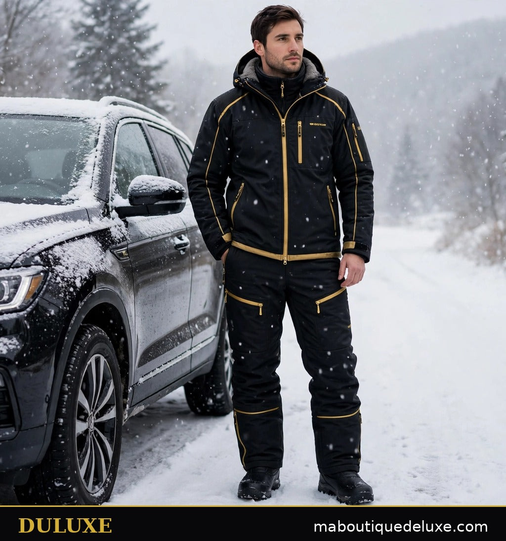 Ensemble imperméable doublé polaire pour homme DULUXE — homme en hiver avec l'ensemble noir près d'une voiture, ambiance de neige légère