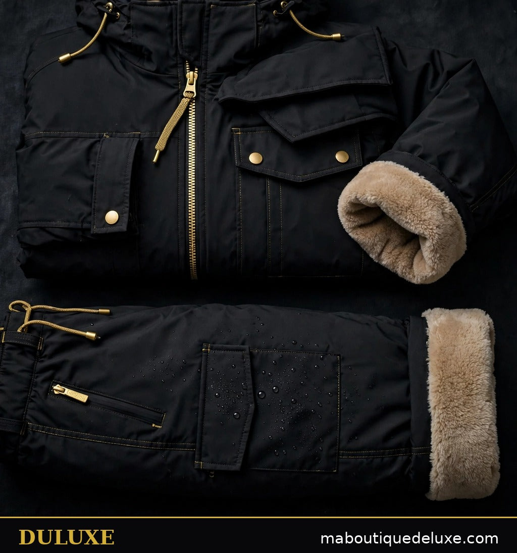 Ensemble imperméable doublé polaire pour homme DULUXE — veste et pantalon noirs pliés à plat sur fond sombre, présentation soignée