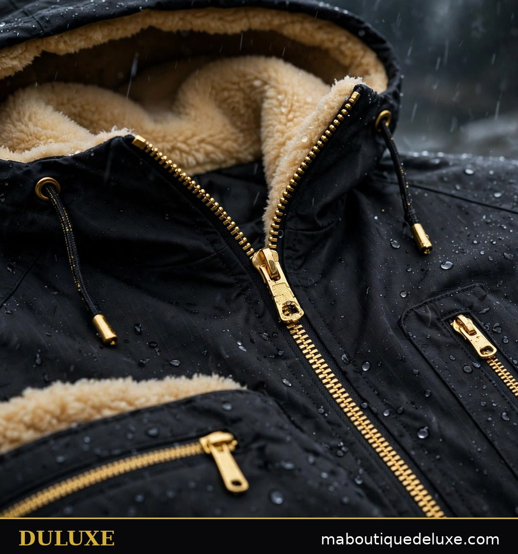 Ensemble imperméable doublé polaire pour homme DULUXE — détail des fermetures éclair et de la capuche de la veste noire