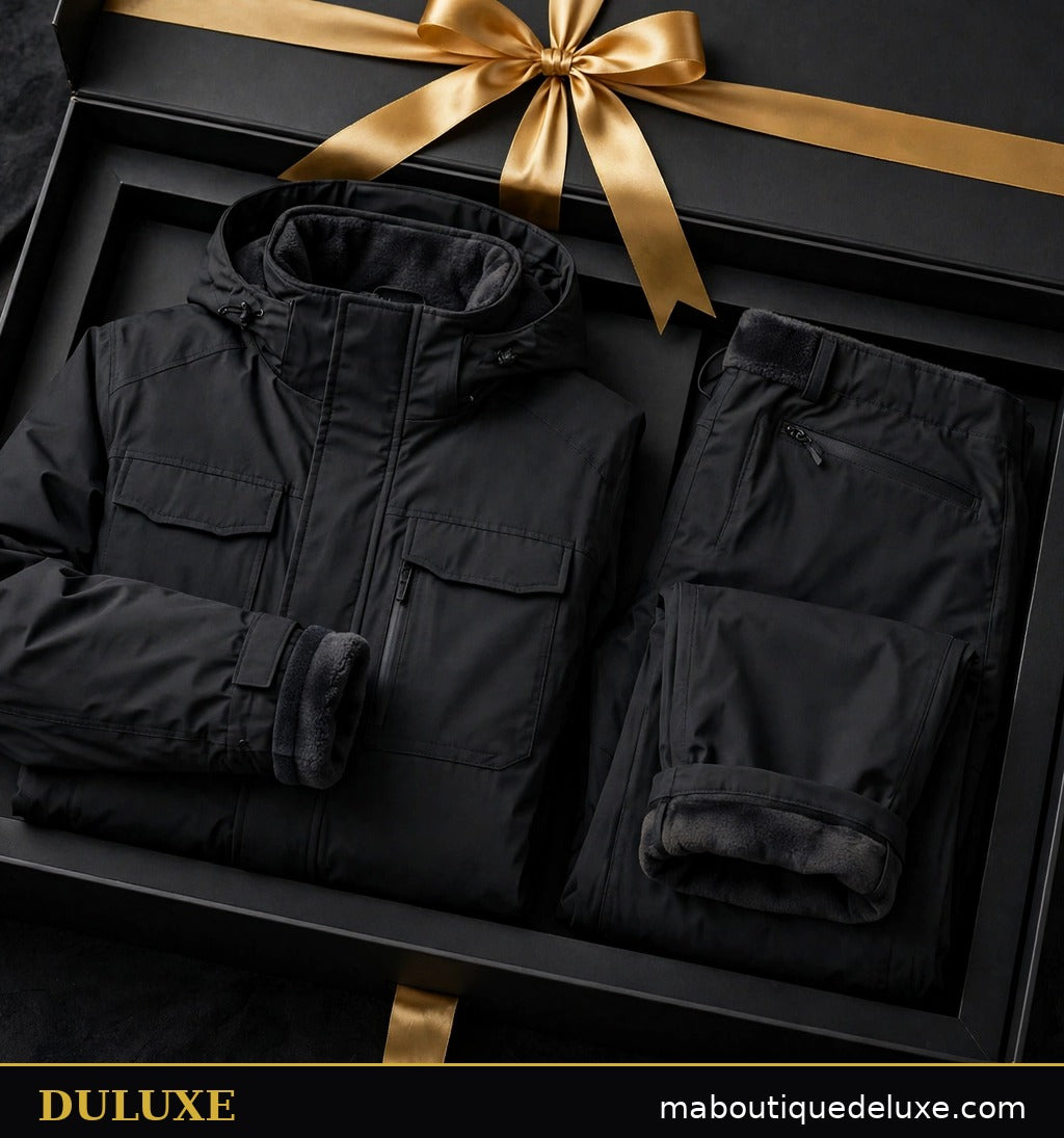 Ensemble imperméable doublé polaire pour homme DULUXE — ensemble présenté dans un grand coffret cadeau noir au ruban doré