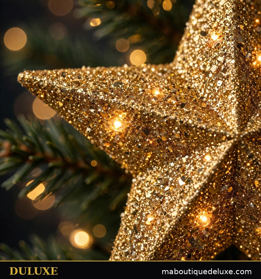 Gros plan sur les paillettes dorées et les LED chaudes de l'étoile de sapin DULUXE