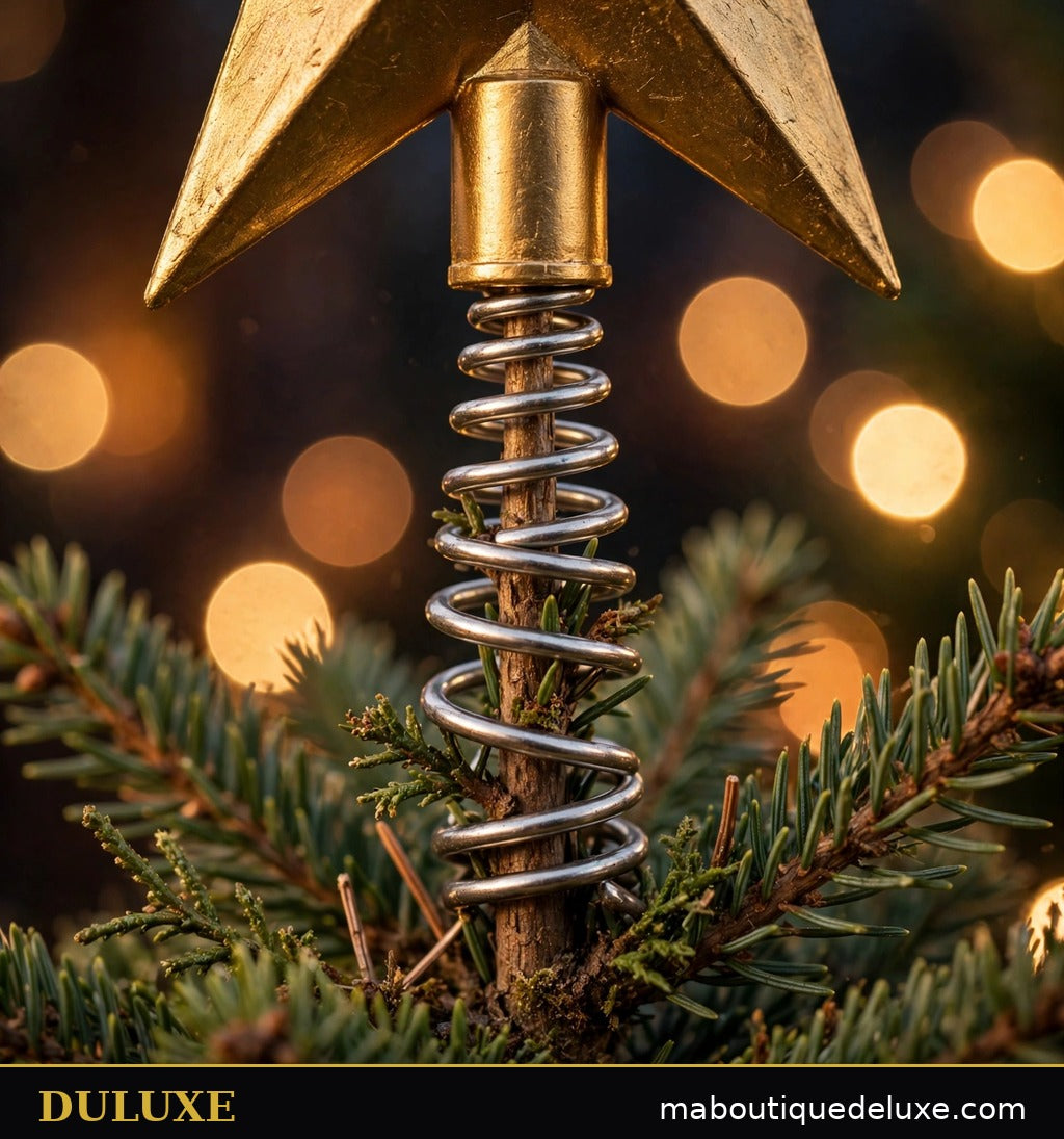 Détail de la tige de fixation en spirale de l'étoile de sapin DULUXE au sommet du sapin