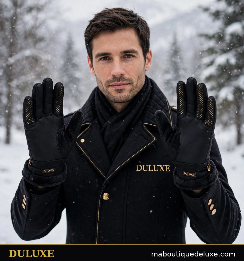 Homme portant les gants tactiles noirs doublés polaire DULUXE en extérieur enneigé, visuel principal