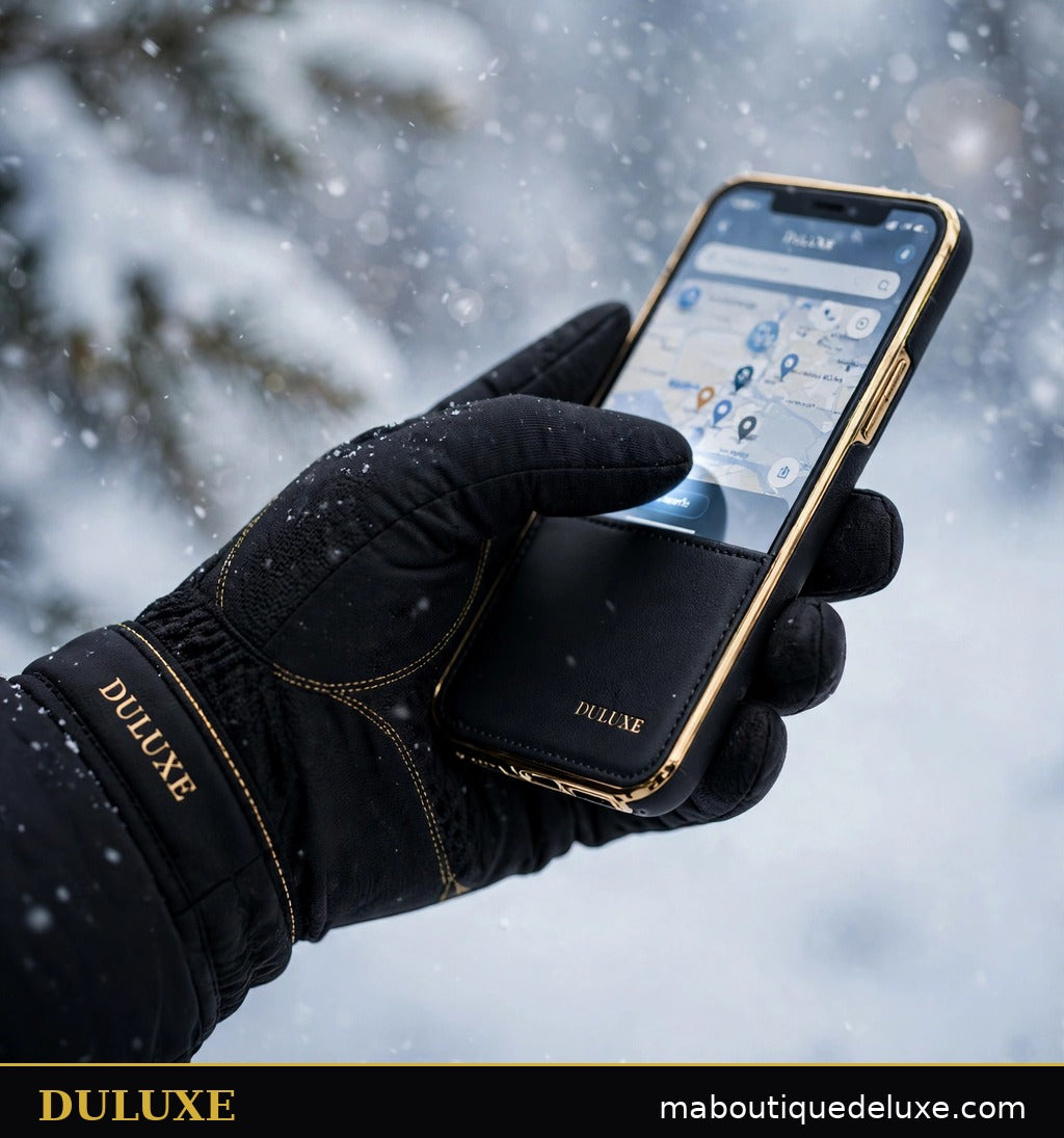 Gros plan d'un doigt tactile des gants homme DULUXE utilisant un téléphone sans retirer le gant