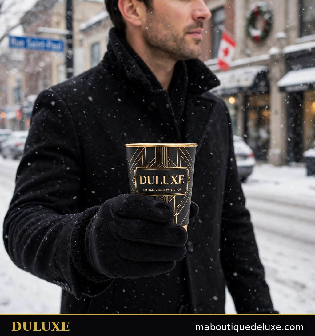 Homme marchant dans la neige avec les gants tactiles noirs DULUXE, tasse bien tenue en main