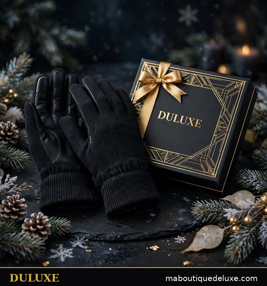 Gants tactiles noirs homme DULUXE à côté d'un coffret cadeau noir et or, ambiance luxe