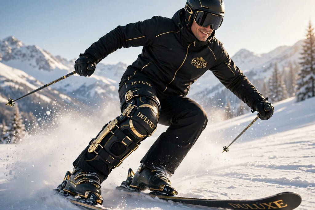 Genouillère de ski noire à stabilisateurs DULUXE portée par un skieur sur une piste enneigée, visuel principal