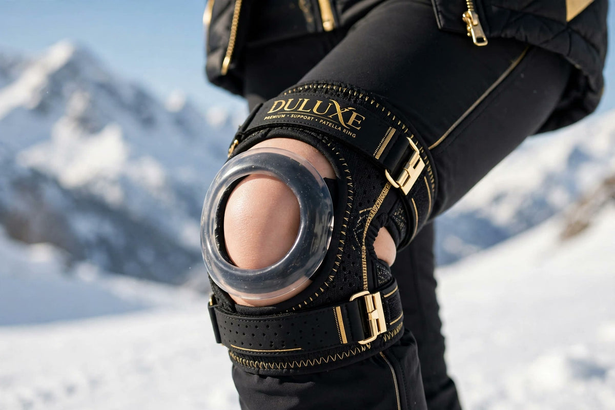 Genouillère de ski DULUXE avec anneau rotulien en silicone portée par une skieuse en montagne