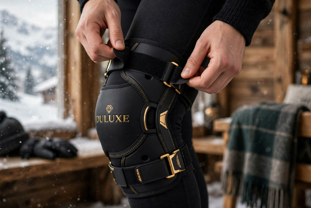 Ajustement des sangles réglables de la genouillère de ski DULUXE pour un maintien personnalisé