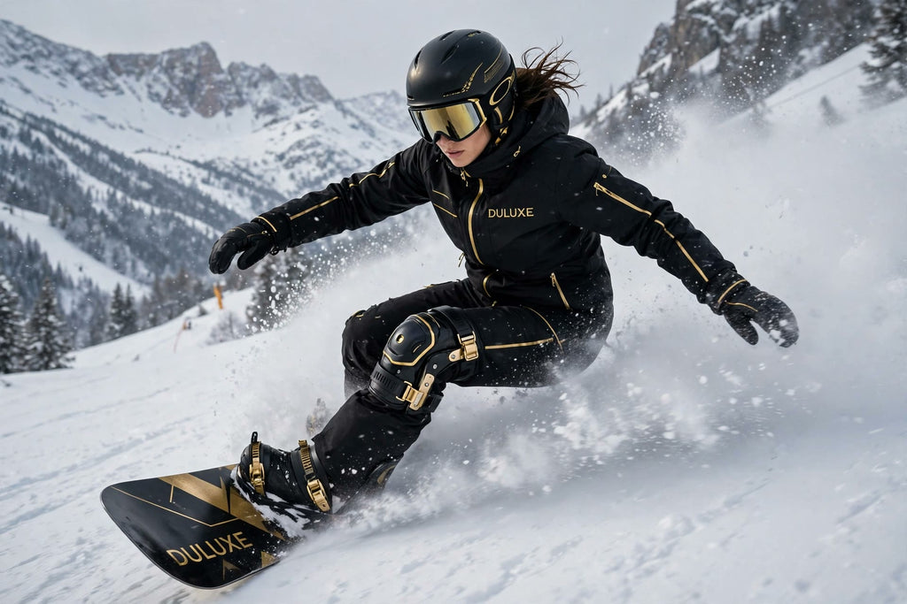 Planche à neige en action sur une piste, genou soutenu par la genouillère de ski DULUXE