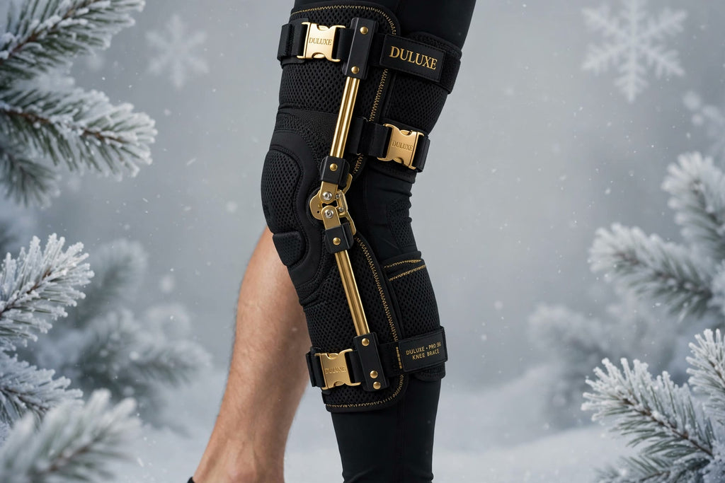 Vue de côté de la genouillère de ski DULUXE montrant les stabilisateurs latéraux et le textile respirant