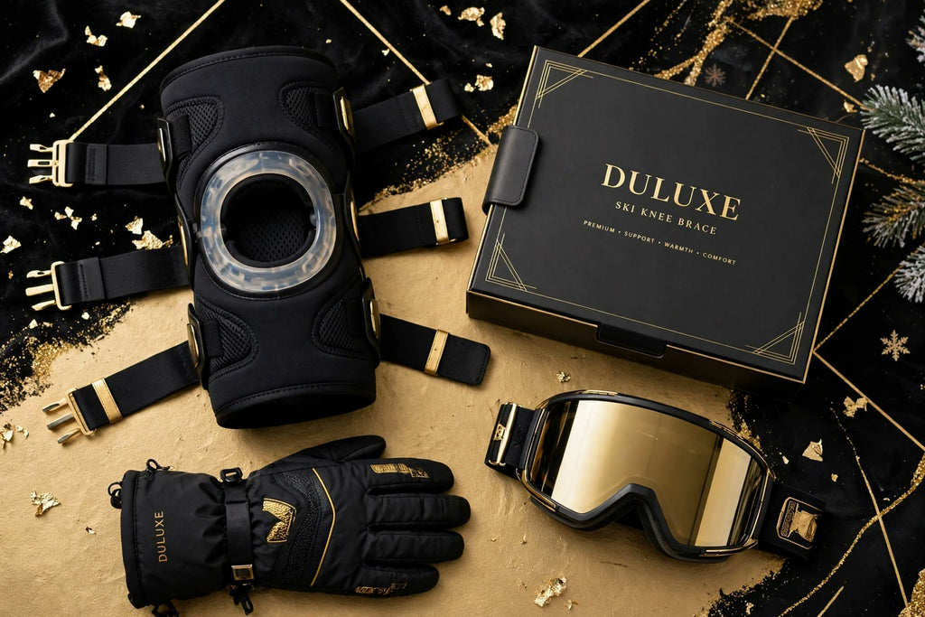 Présentation à plat noir et doré DULUXE : genouillère de ski, emballage DULUXE, lunettes et gants de ski