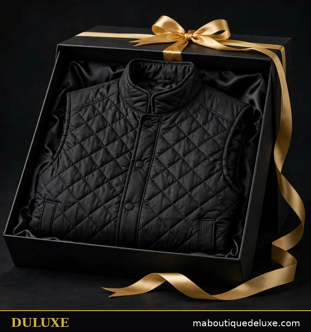 Gilet matelassé noir pour homme présenté dans un coffret cadeau noir au ruban doré DULUXE