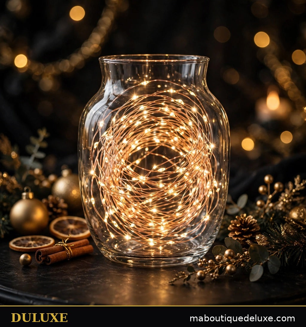 Guirlande lumineuse fil de cuivre à LED DULUXE blanc chaud enroulée dans un vase en verre transparent, visuel principal
