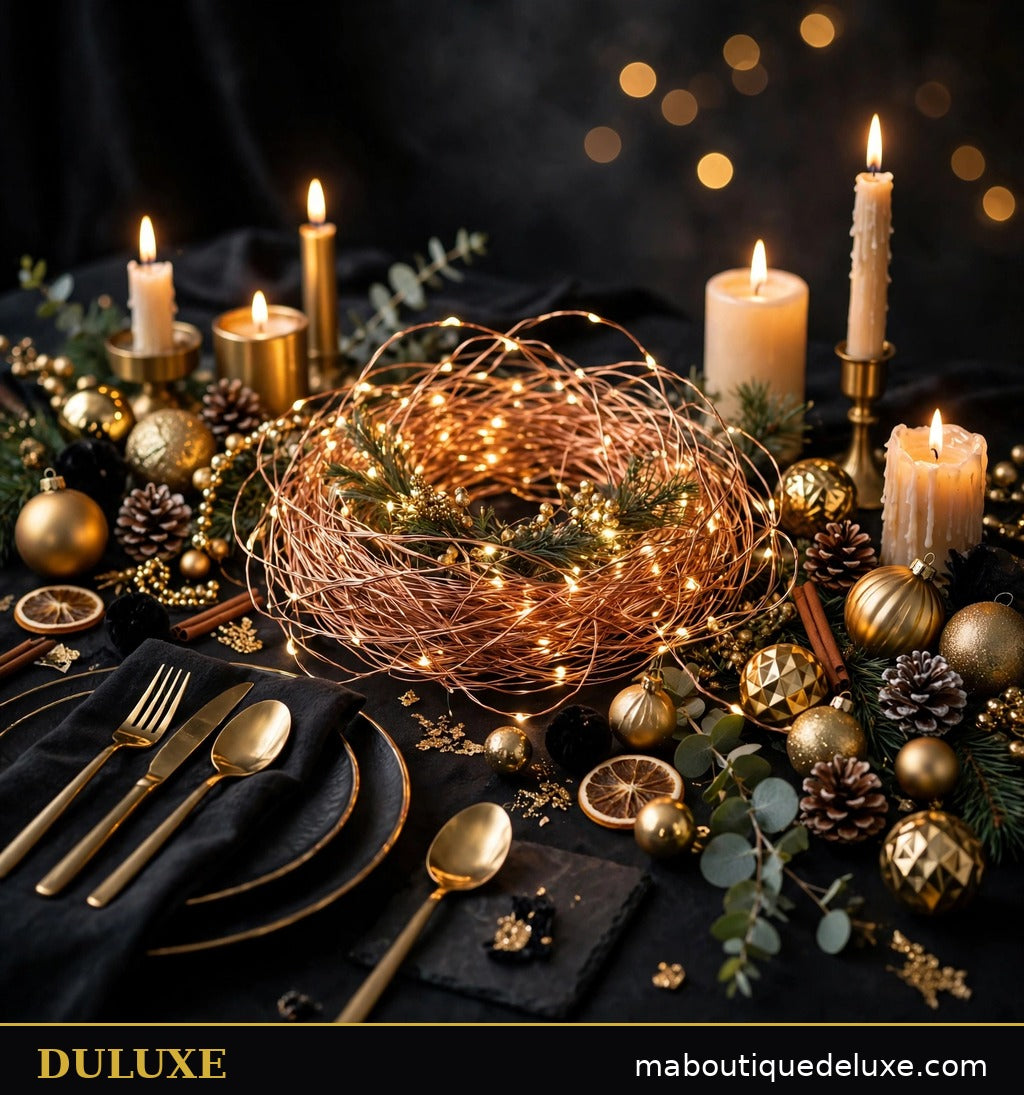 Guirlande lumineuse fil de cuivre DULUXE en centre de table des fêtes avec bougies et décorations dorées de Noël