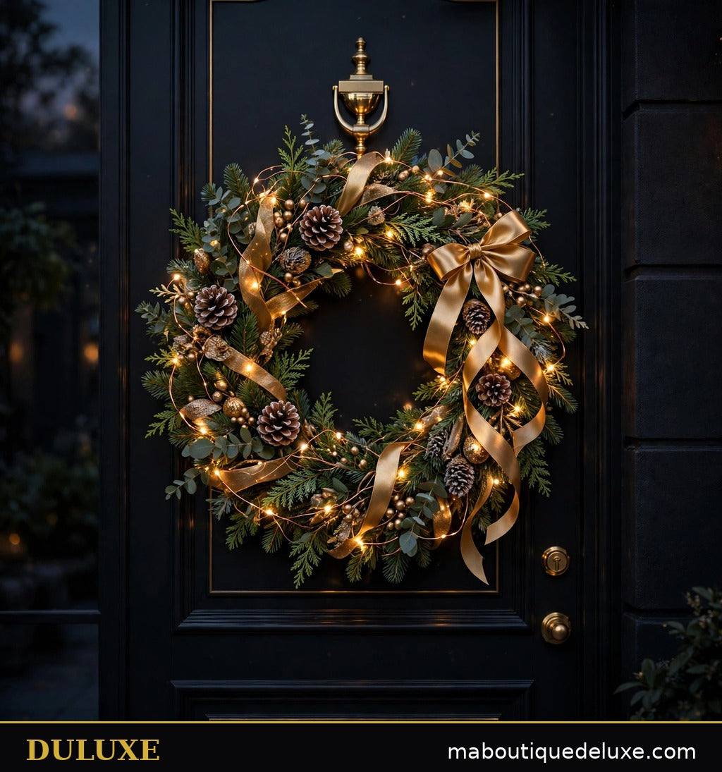 Guirlande lumineuse fil de cuivre à LED DULUXE enroulée autour d'une couronne de porte de Noël illuminée