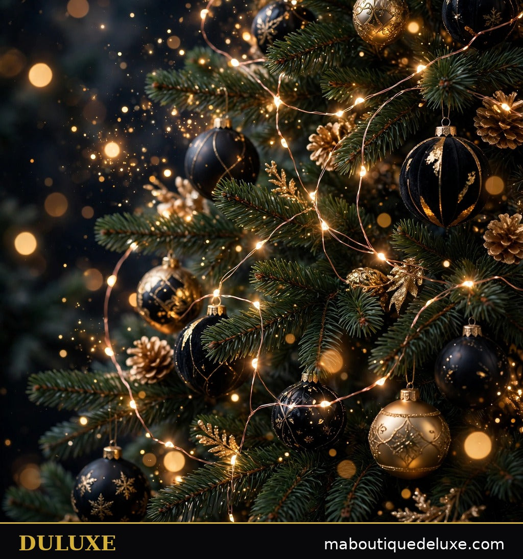 Guirlande lumineuse fil de cuivre DULUXE blanc chaud tissée dans les branches d'un sapin de Noël décoré