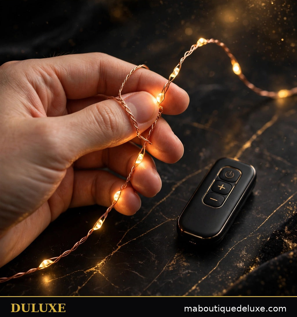 Gros plan sur le fil de cuivre flexible DULUXE, sa télécommande et ses micro-LED lumineuses féeriques
