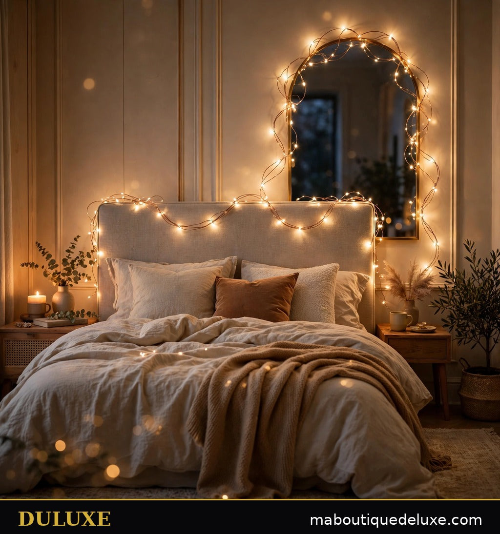 Guirlande lumineuse fil de cuivre DULUXE créant une ambiance douce et féerique dans une chambre le soir