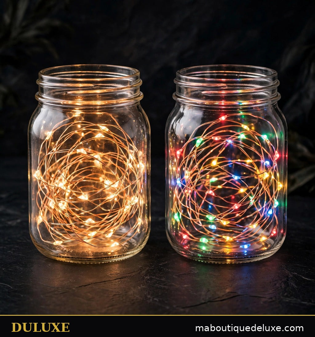 Guirlande lumineuse fil de cuivre DULUXE en deux variantes côte à côte : blanc chaud doré et multicolore joyeux
