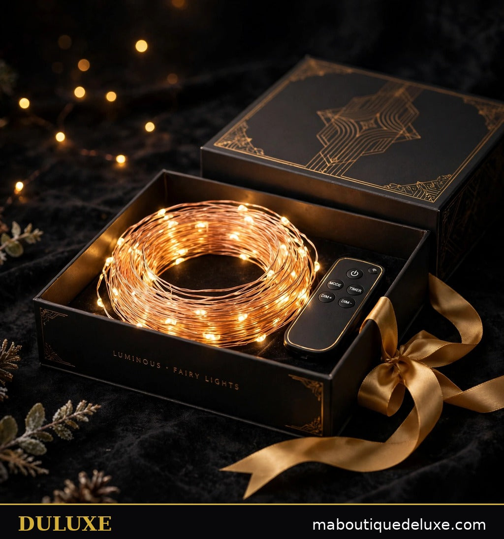 Guirlande lumineuse fil de cuivre à LED DULUXE présentée en coffret cadeau noir et or avec sa télécommande