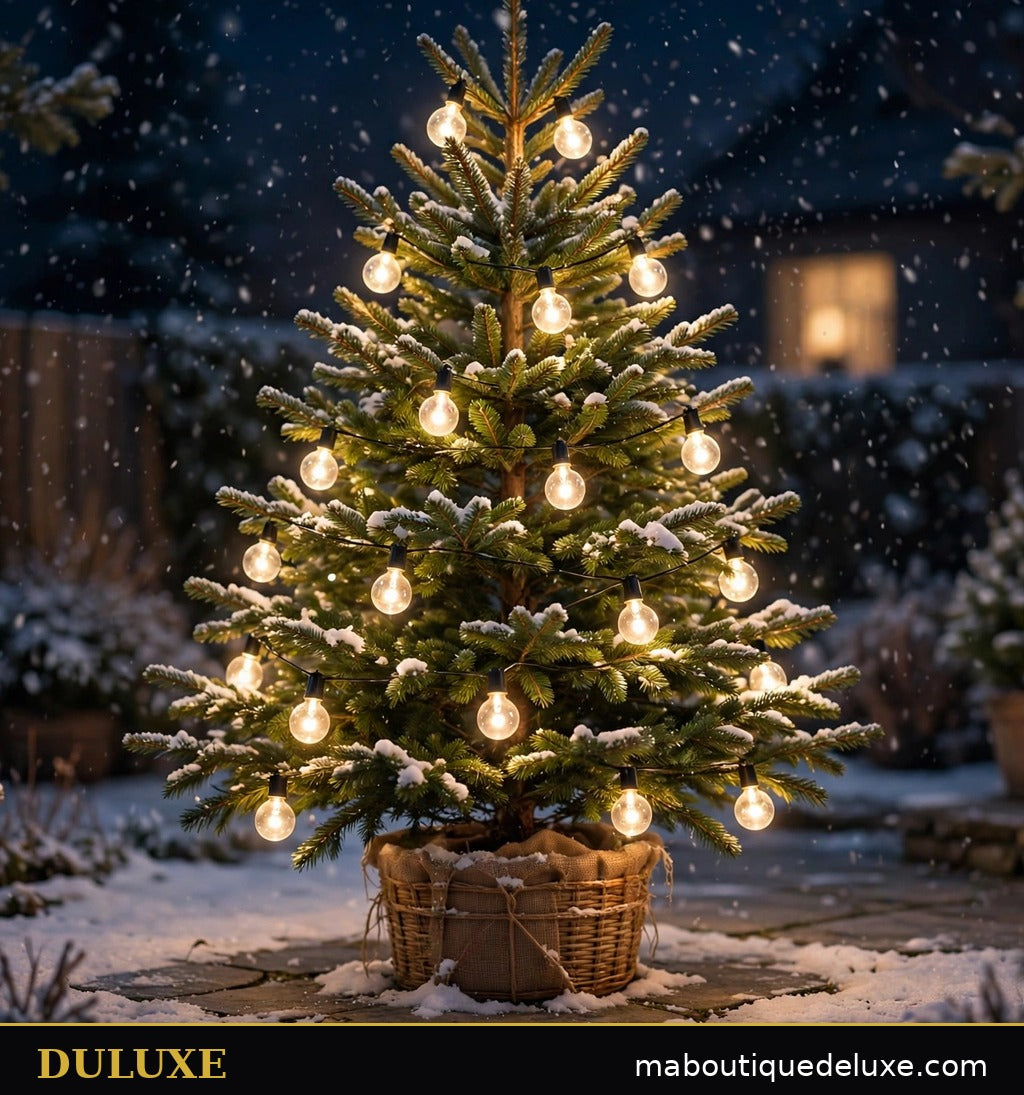 Guirlande lumineuse à mini-globes DULUXE blanc chaud enroulée sur un sapin de Noël extérieur enneigé