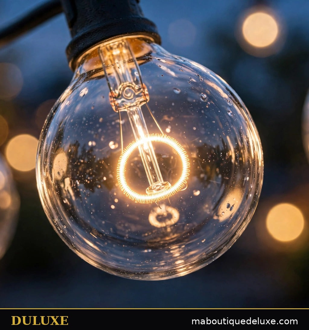 Gros plan sur les mini-globes style G40 de la guirlande lumineuse DULUXE, lumière blanc chaud éclatante