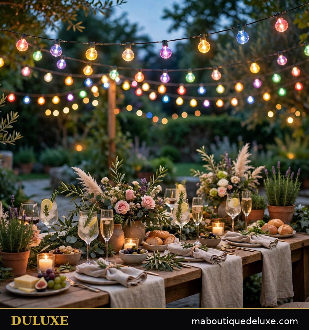 Guirlande lumineuse à mini-globes DULUXE multicolore lors d'une fête de jardin joyeuse le soir