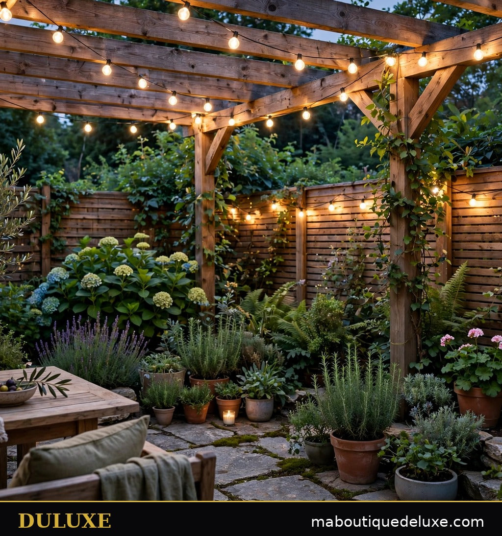 Guirlande lumineuse à mini-globes DULUXE blanc chaud le long d'une clôture et d'une pergola de jardin au crépuscule