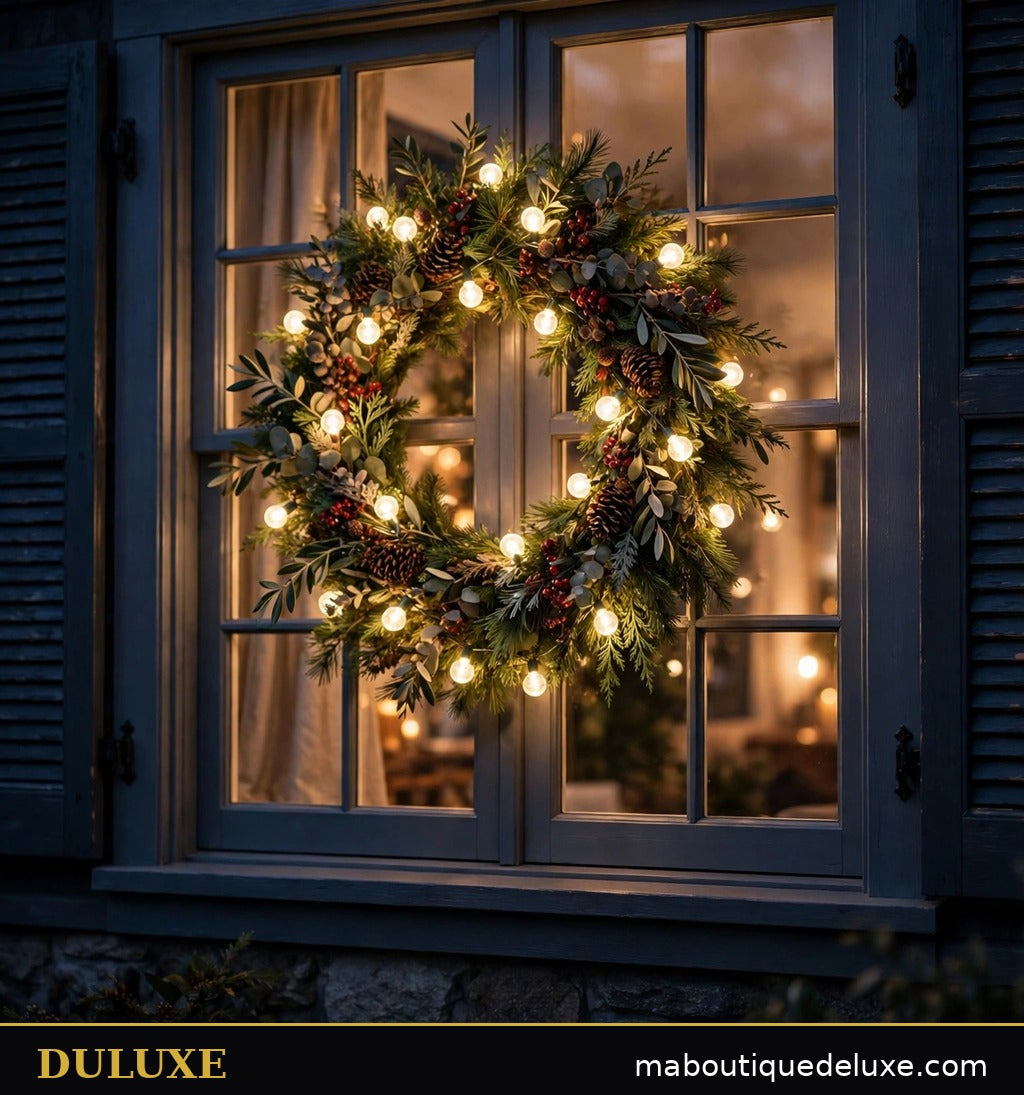 Guirlande lumineuse à mini-globes DULUXE blanc chaud autour d'une fenêtre et d'une couronne de Noël
