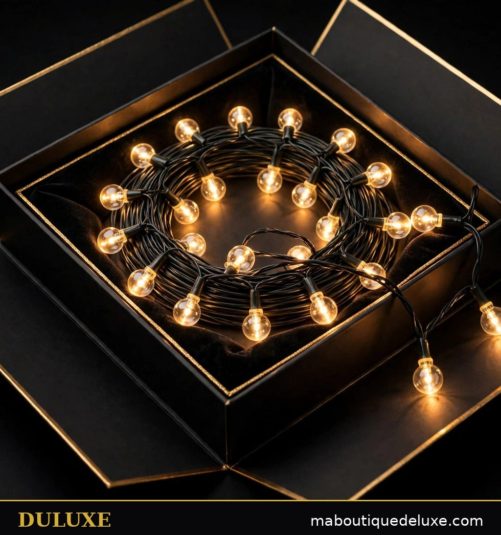 Guirlande lumineuse à mini-globes DULUXE de 10 mètres présentée enroulée en coffret cadeau noir et or