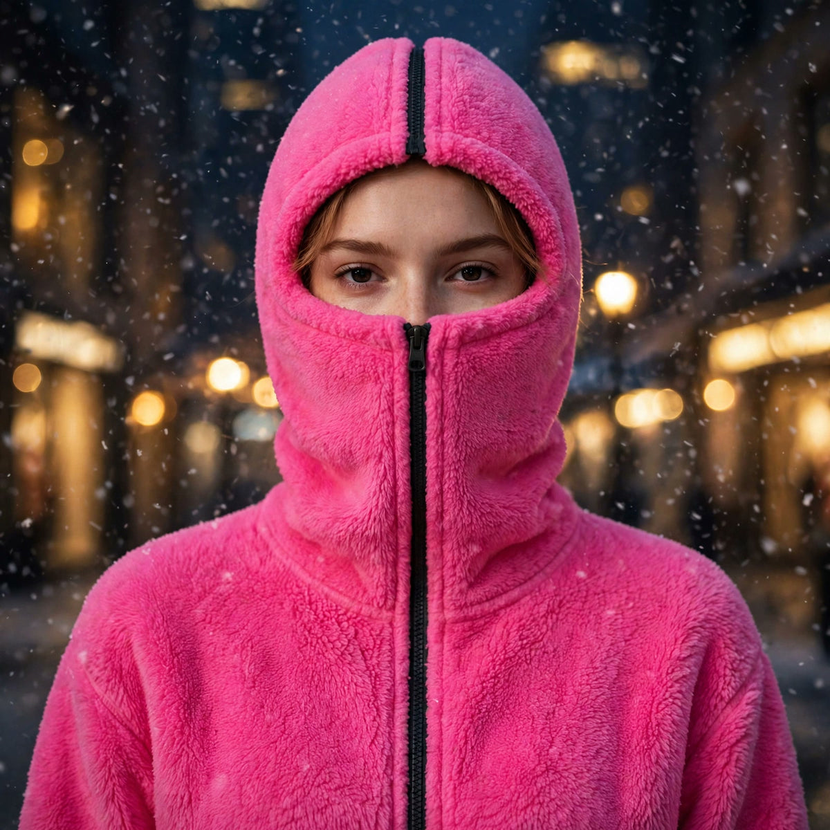 Hoodie DULUXE rose vif avec la capuche zippée en cagoule intégrale couvrant le visage, ville enneigée le soir
