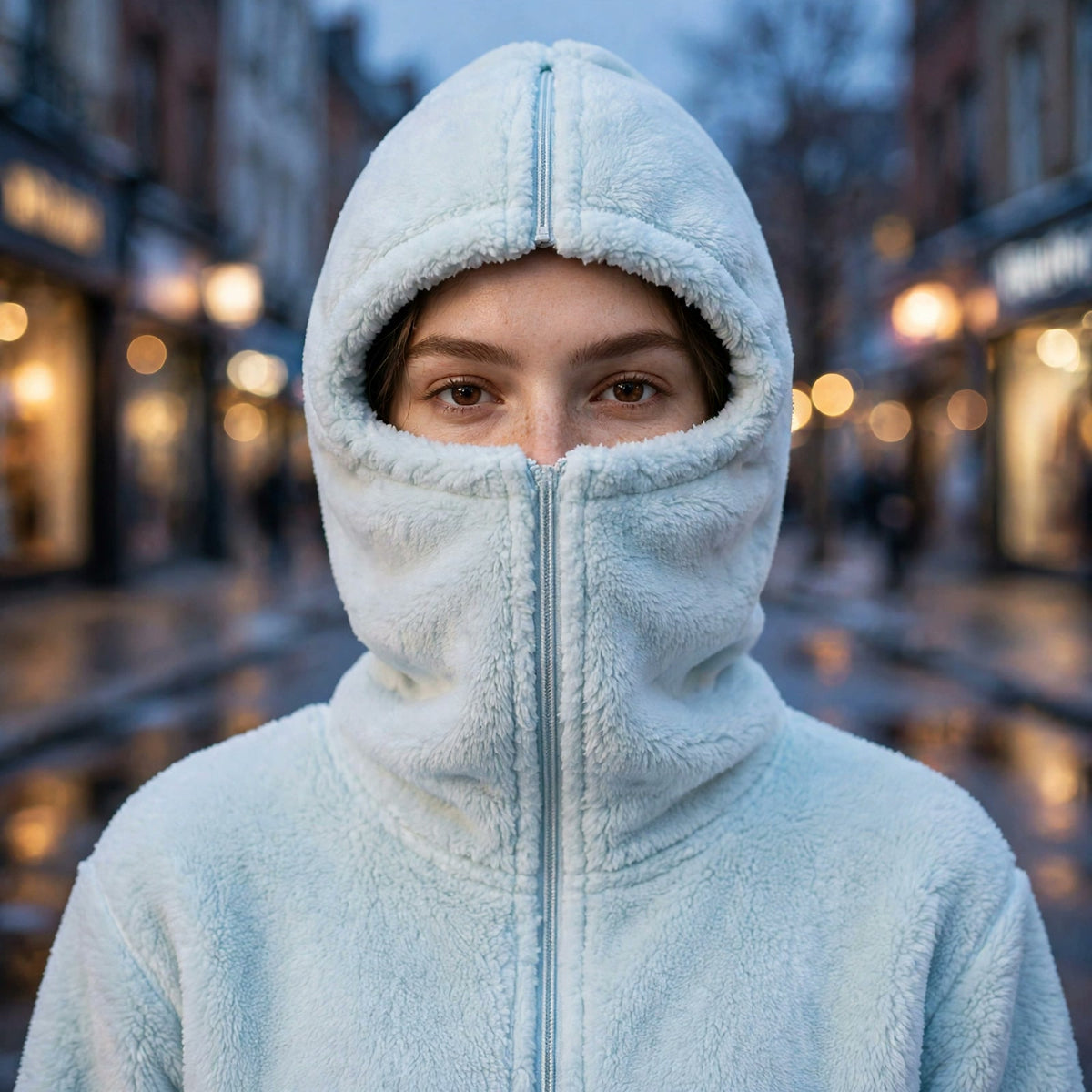 Hoodie DULUXE bleu pâle avec la cagoule zippée sur le visage, rue de ville au crépuscule