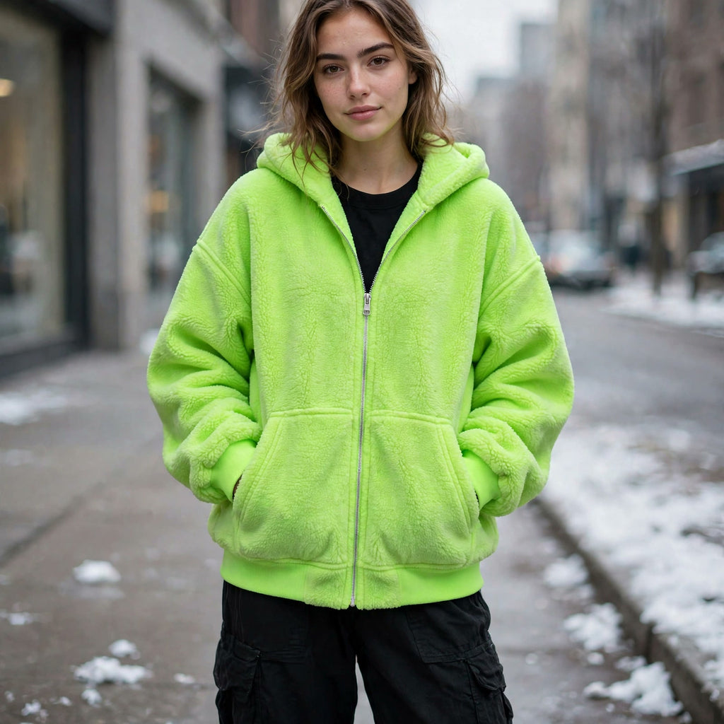 Hoodie à capuche-cagoule DULUXE vert néon style streetwear Y2K, trottoir de ville en hiver