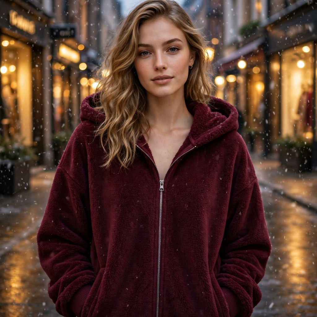 Hoodie DULUXE bordeaux en polaire chaude, rue illuminée un soir d'hiver avec neige douce