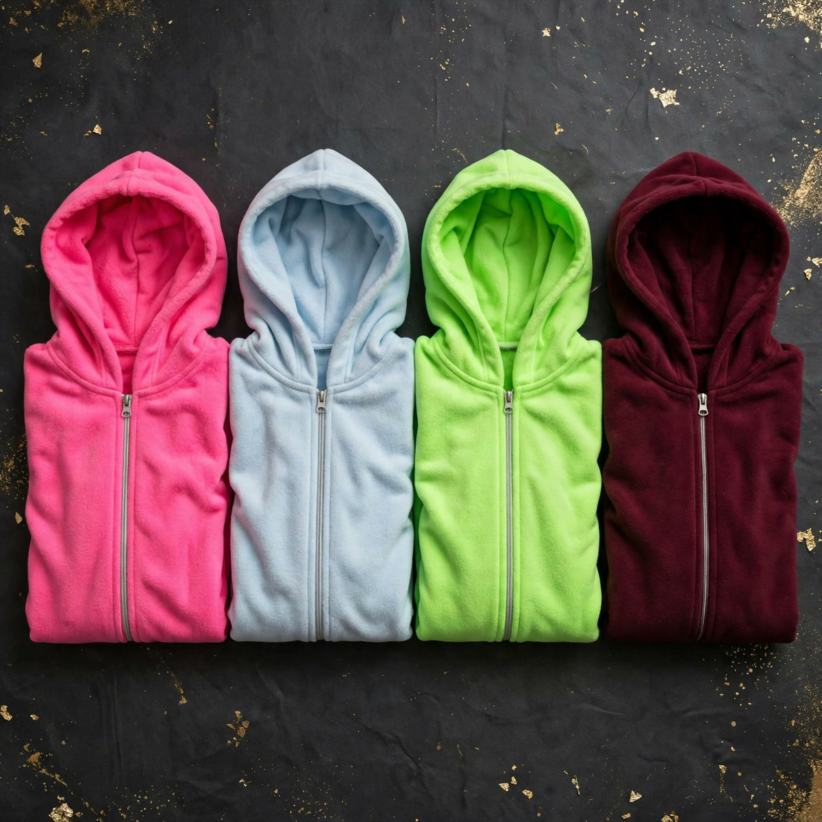 Les quatre couleurs du hoodie à capuche-cagoule DULUXE à plat sur fond noir et doré : rose vif, bleu pâle, vert néon et bordeaux