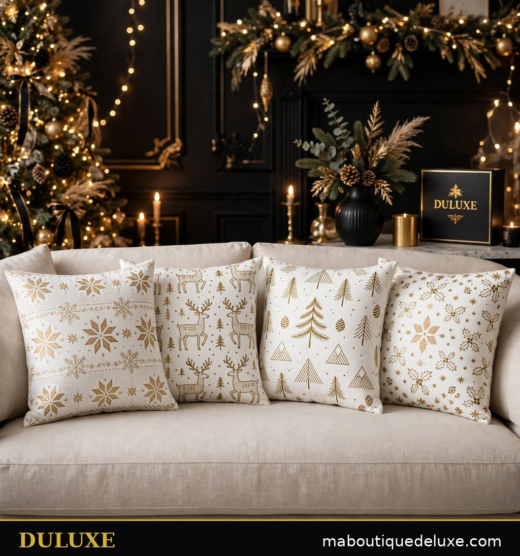 Housses de coussin de Noël scandinaves blanc et doré DULUXE sur canapé clair, ambiance féerique