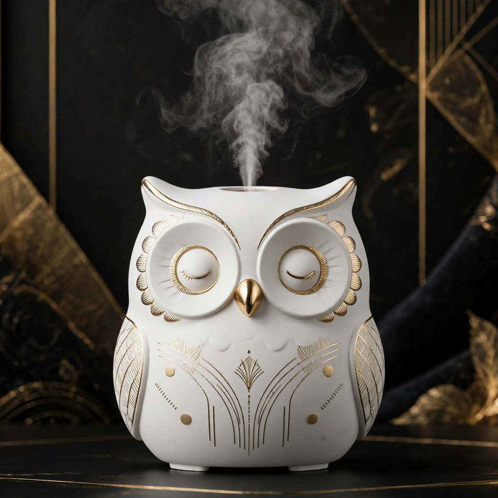 Humidificateur chouette silencieux DULUXE blanc et doré avec brume fraîche visible, visuel principal noir et doré