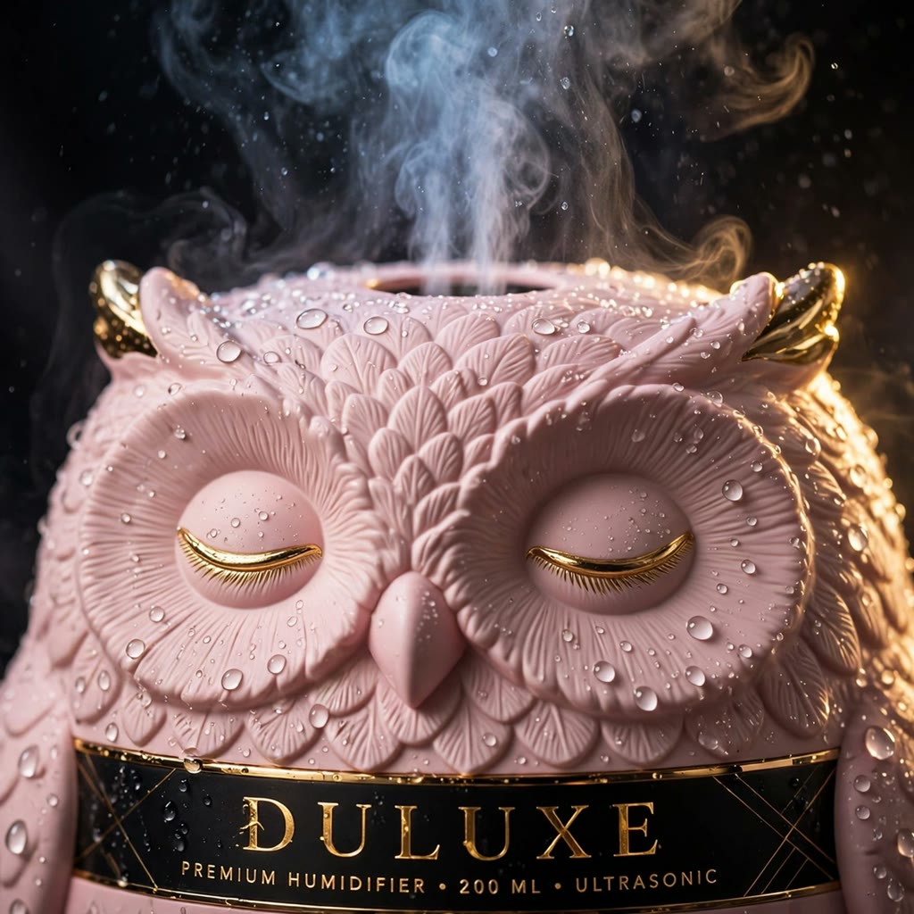 Gros plan sur l'humidificateur chouette DULUXE rose poudré et sa brume fraîche fine qui s'élève en douceur