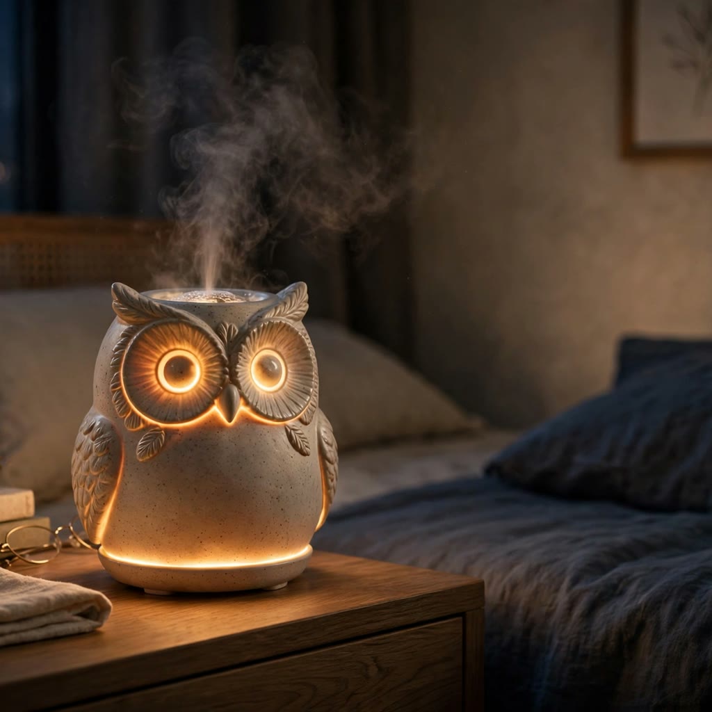 Humidificateur chouette DULUXE avec veilleuse douce allumée le soir sur une table de chevet dans une chambre apaisante