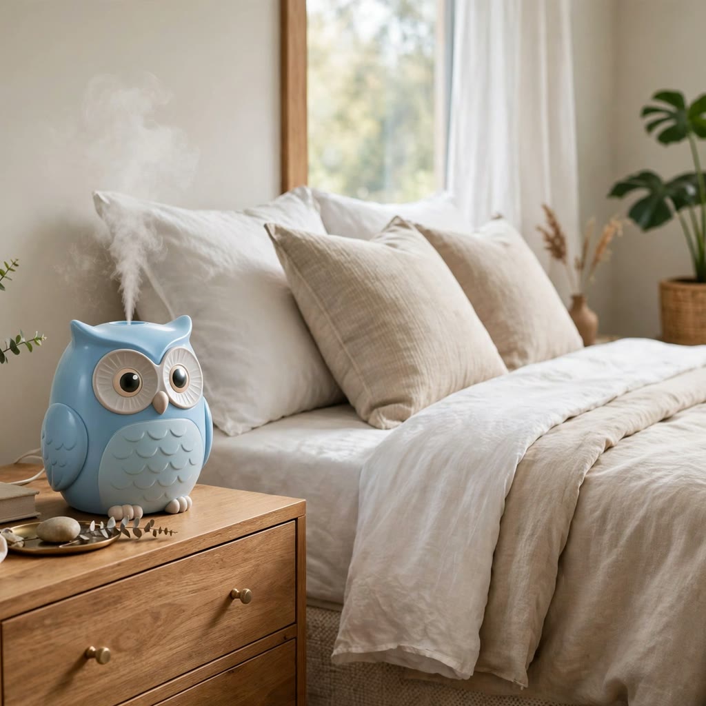 Humidificateur chouette DULUXE bleu ciel dans une chambre adulte apaisante, brume légère près du lit