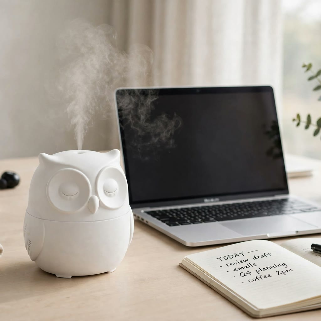 Humidificateur chouette DULUXE blanc sur un bureau moderne à côté d'un ordinateur portable, idéal pour le travail