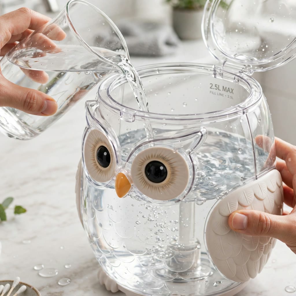 Gros plan sur le remplissage du grand réservoir de 2,5 litres de l'humidificateur chouette DULUXE