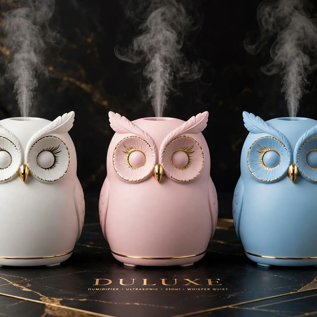 Les trois couleurs de l'humidificateur chouette DULUXE : blanc, rose poudré et bleu ciel, alignées avec brume légère
