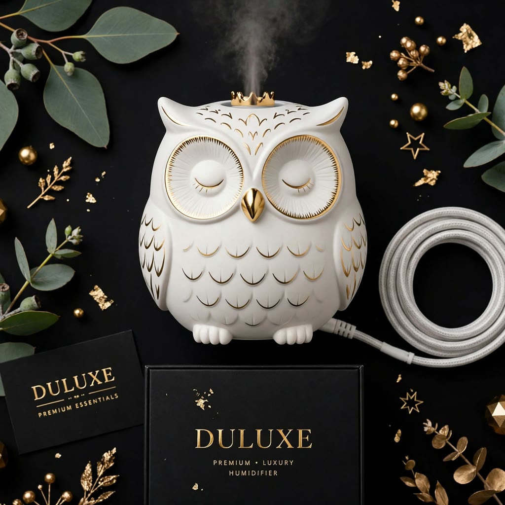 Présentation à plat noir et doré DULUXE : humidificateur chouette blanc, câble d'alimentation et emballage soigné