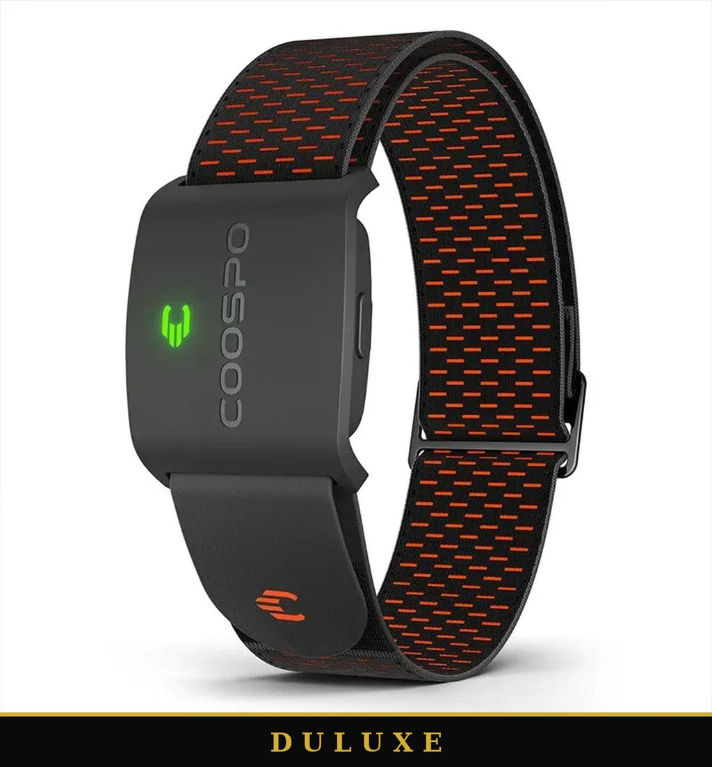 Brassard cardiaque connecté noir et orange DULUXE, capteur de fréquence cardiaque avec LED verte allumée