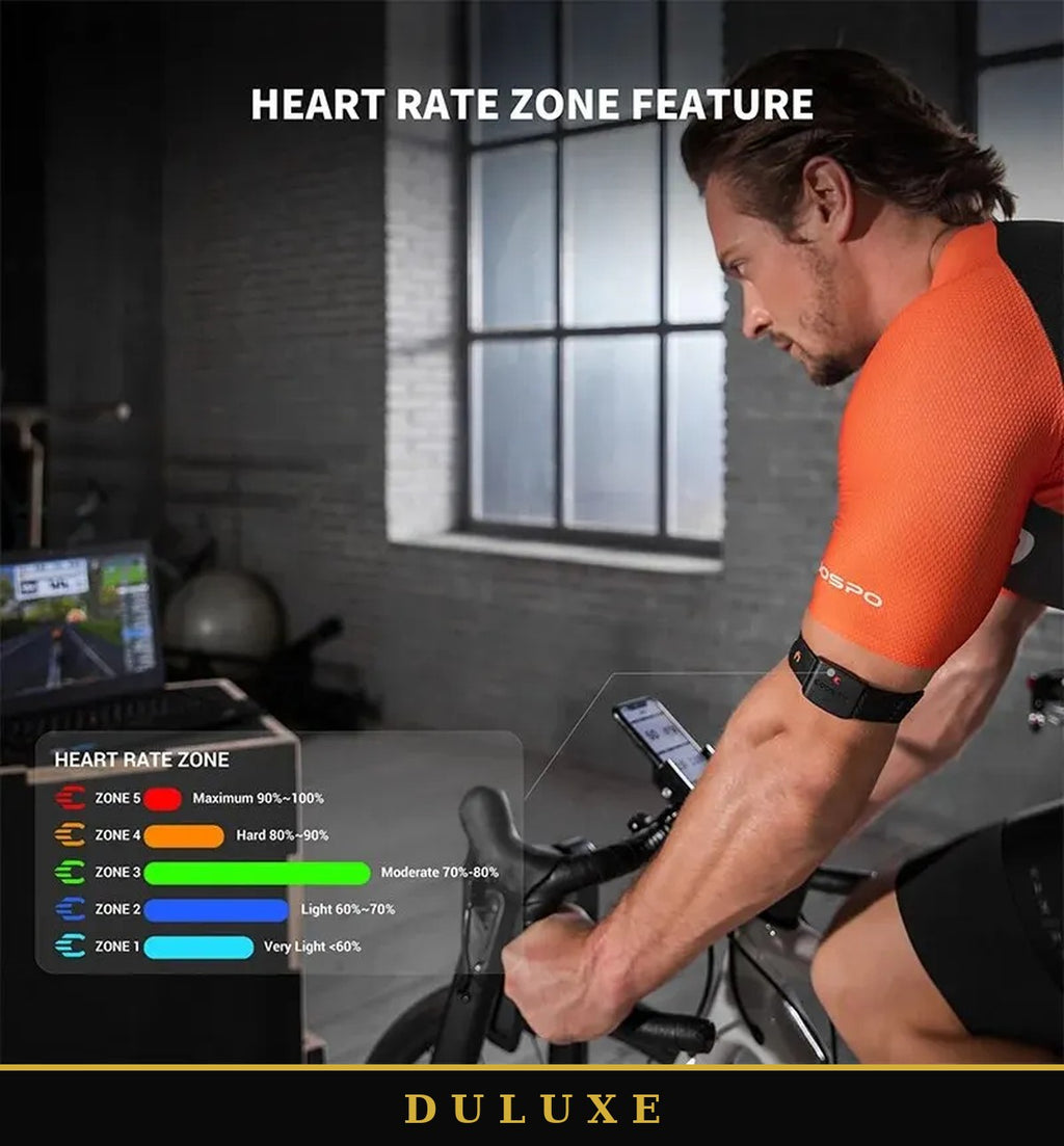Cycliste en entraînement intérieur avec le brassard cardiaque et ses 5 zones de fréquence cardiaque