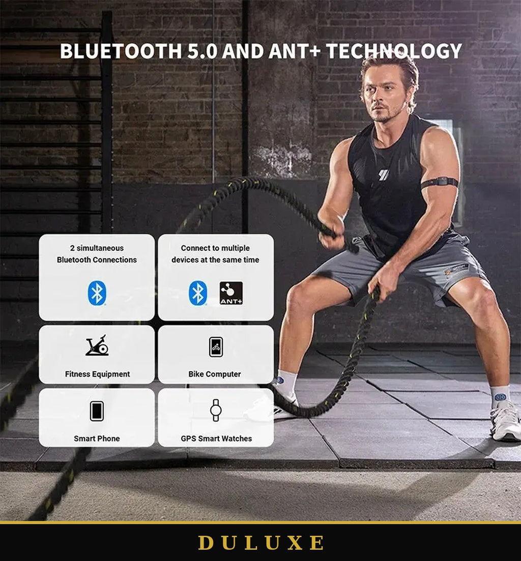 Brassard cardiaque Bluetooth 5.0 et ANT+ connecté à plusieurs appareils pendant un entraînement en salle