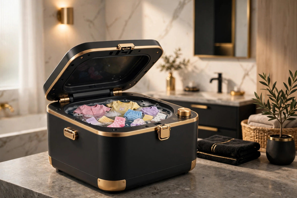 Mini lave-linge pliable portable noir et doré rempli de petites pièces colorées dans une salle de bain lumineuse